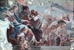 Zwei Gelehrte mit der Personifikation der Weisheit vor einer Hafenszene: "Melior est aquisitio scientiae negotiatione argenti" (Sprüche, 3:14)
