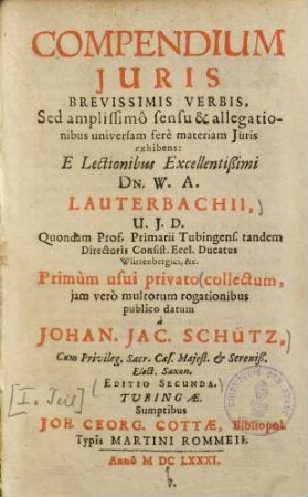 Compendium iuris brevissimis verbis : sed amplissimo sensu & allegationibus universam fere materiam juris exhibens: e lectionibus ... Lauterbachii ... collectum jam vero multorum rogationibus, 1.