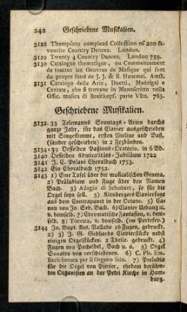 242-256, Geschriebene Musikalien.; Landcharten.; Kupferstiche.; Landcharten, Plane und Prospecte von Städten und architectonische Kupfer.; Architectonische Kpf. und einzelne Werke.