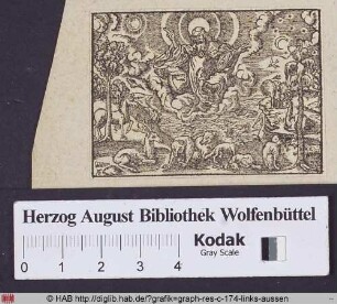 Gottvater erschafft Gestirne, Himmel, Erde, Tiere und Wasser.