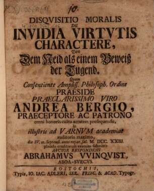 Disquisitio mor. de invidia virtutis charactere