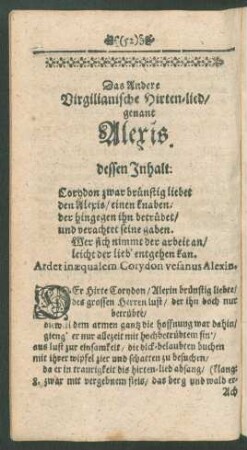 Das Andere Virgilianische Hirten-lied/ genant Alexis.