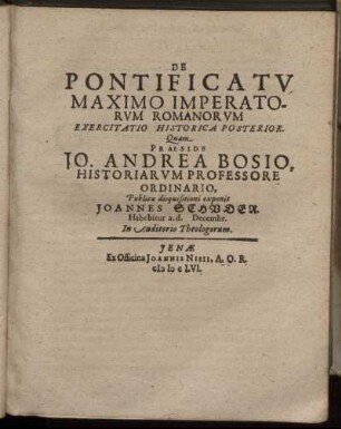De Pontificatu Maximo Imperatorum Romanorum Exercitatio Historica Posterior.