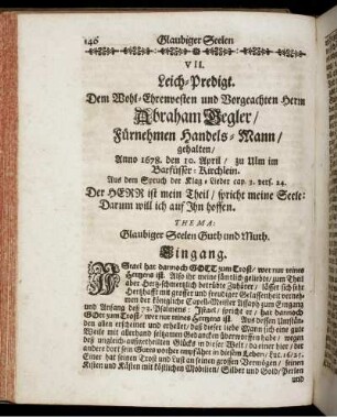 VII. Leich-Predigt. [...] Herrn Abraham Begler [...] Glaubiger Seelen Guth und Muth.