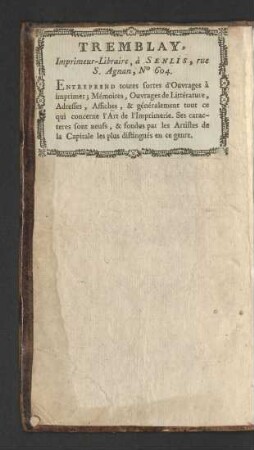 Tremblay, Imprimeur-Libraire, à Senlis ... [Buchhändleretikett]