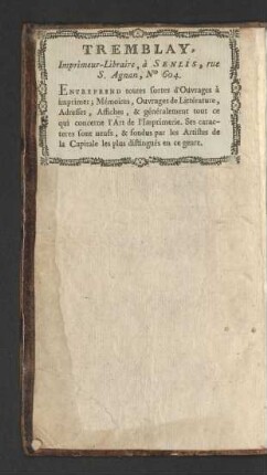 Tremblay, Imprimeur-Libraire, à Senlis ... [Buchhändleretikett]