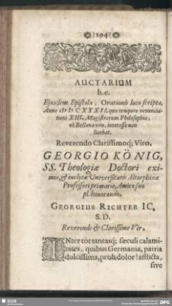 Auctarium h. e. Ejusdem Epistola, Orationis loco scripta Anno [MD]CXXXII. quo tempore renunciationi XIII. Magistrorum Philosphiae, ob Bellonae vim, interesse non licebat