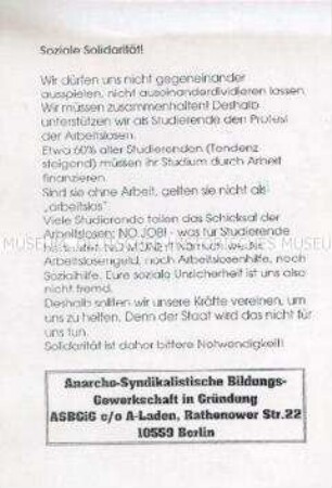 Propagandaflugblatt einer linksradikalen Gruppe gegen die Arbeitslosigkeit