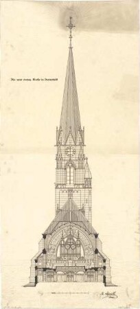 Schmidt, Heinrich von; Darmstadt; Neue Ev. Kirche - Kirchenschiff mit Turm (Querschnitt)