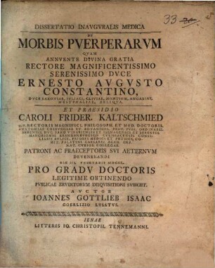 Dissertatio Inavgvralis Medica De Morbis Pverperarvm