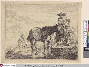 [Zwei Pferde an einer Tränke; Two Horses at a Trough; Un homme vu de face est monté sur un cheval qui boit dans un bassin]