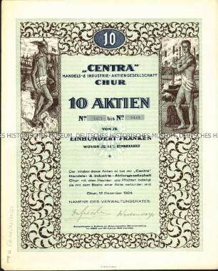 Sammelaktie der "Centra" Handels- & Industrie-Aktiengesellschaft über 10 Aktien zu je 100 Schweizer Franken, mit Kupons