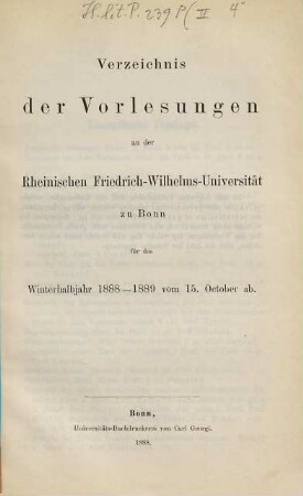 Vorlesungsverzeichnis für das .... 1888/89. WH