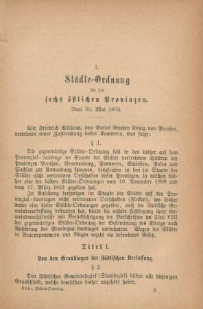 I. Städte-Ordnung für die sechs östlichen Provinzen