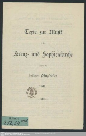 Texte zur Musik in der Kreuz-und Sophienkirche während des heiligen Pfingstfestes 1901