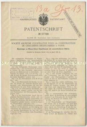 Patentschrift über Neuerungen an Wasserröhren-Dampfkesseln mit auswechselbaren Röhren, Patent-Nr. 37788