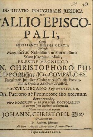 Disputatio Inauguralis Iuridica De Pallio Episcopali