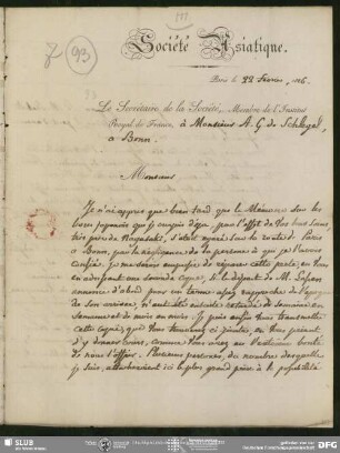 Eigenh. Brief auf Vordruck von Abel Rémusat an August Wilhelm von Schlegel, Paris, 22.02.1826