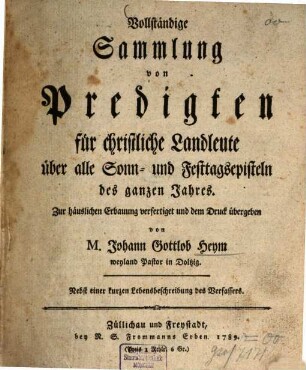Vollständige Sammlung von Predigten für christliche Landleute über alle Sonn- und Festtagsepisteln des ganzen Jahres