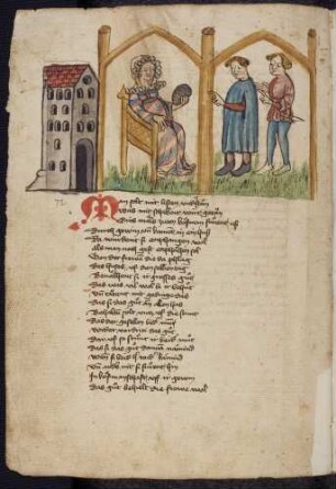 Die Wirtin sitzt vor der Herberge, Kaufleute überreichen ihre Habe zur Aufbewahrung; (Von der Frau und den beiden Kaufleuten, Kapitel LXXII nach Pfeiffer)