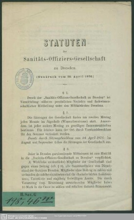 Statuten der Sanitäts-Offiziers-Gesellschaft zu Dresden