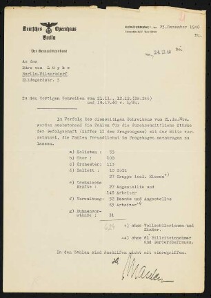 Deutsches Opernhaus (auch: Städtische Oper), Berlin: Schriftstück zum Fragebogen für das Handbuch »Das Deutsche Theater«