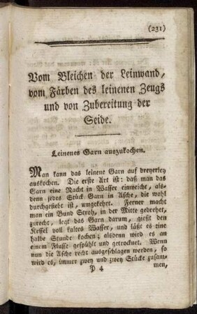 Vom Bleichen der Leinwand, vom Färben des leinenen Zeugs und von Zubereitung der Seide.