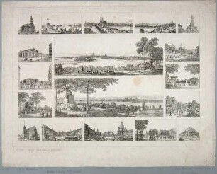 Bilderbogen mit zwei größeren Stadtansichten Dresdens und 16 kleinere Ansichten bekannter Gebäude bzw. Ansichten von Dresden