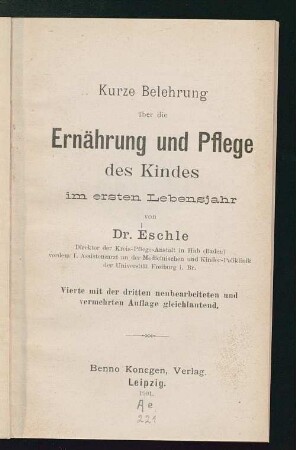 Kurze Belehrung über die Ernährung und Pflege des Kindes im ersten Lebensjahr