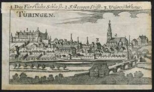 Tübingen. Ansicht von Süden mit Schloß, Stift, Burse : Kupferstich