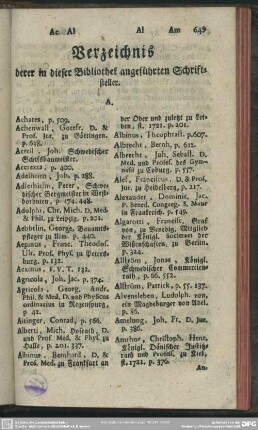 Verzeichnis derer in dieser Bibliothek angeführten Schriftsteller