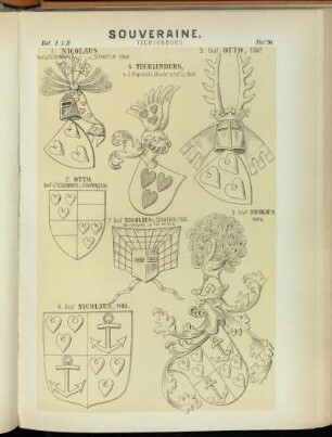 Taf. 91. 1. Nicolaus Graf zu Tecklenburg u. Schwerin. 1349. - 2. Otto, Graf v. Tecklenburg u. Schwerin, 1359. - 3. Graf Otto, 1387. - 4. Graf NIcolaus, 1485. - 5. Graf Nicolaus, 1498. - 6. Tecklenburg, n. S. Ruprecht's Bruderschafts-Buch. - 7. Graf Nicolaus v. Schwerin, 1326.
