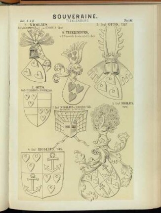 Taf. 91. 1. Nicolaus Graf zu Tecklenburg u. Schwerin. 1349. - 2. Otto, Graf v. Tecklenburg u. Schwerin, 1359. - 3. Graf Otto, 1387. - 4. Graf NIcolaus, 1485. - 5. Graf Nicolaus, 1498. - 6. Tecklenburg, n. S. Ruprecht's Bruderschafts-Buch. - 7. Graf Nicolaus v. Schwerin, 1326.