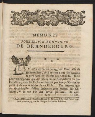 Mémoires Pour Servir À L'Histoire De Brandebourg.