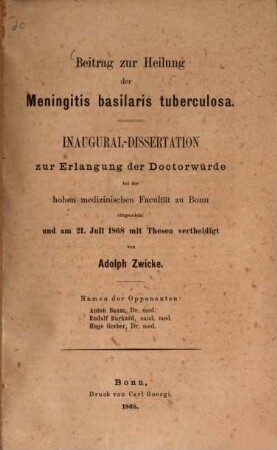 Beitrag zur Heilung der Meningitis basilaris tuberculosa