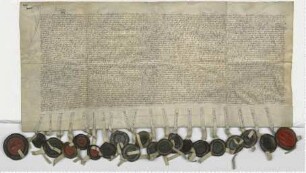 "Eyne tohopesate der stende des furstendomes to Luneborch", deren Vormundschaft betreffend. Besiegelt von den Äbten zu St. Michaelis, Oldenstad, Scharnebeck, den Pröpsten von Ebstorf, Lüne und Medingen, den Rittern Johann van Othbernshusen und Werner van Bulouw, den Knappen Segeband van deme Berge, Alverick van Bodendijke, Busse van Bulouw, Pardam van Plote, Frederik van Bulouw, Pardam van Dannenberge, Frederik van Wustrouw, Werner Grote, Hinrik van Medinge, Cord van Marenholte, Cords Sohn, und Cord van Marenholte, Hanses Sohn, sowie von den 4 Lüneburger Bürgermeistern als Vertretern der Stadt.