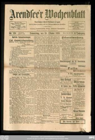 Arendsee'r Wochenblatt, Nr. 128. Donnerstag, den 28. Oktober 1920.