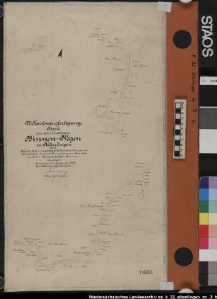 "Karte von den erbreiterten Binnen-Wegen in A. Nr. 1 (2. Ausfertigung)". 2 Einzelzeichnungen. Neben den Wegen angedeutete Parzellen mit Besitzernamen. Ausf.-Art: Farbige Zeichnung auf Leinen gezogen Herst.: Ammon Format: 53 x 30 cm Maßstab: 1 : 2000
