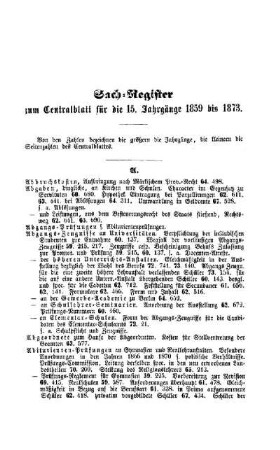 Sach-Register zum Centralblatt für die 15. Jahrgänge 1859 bis 1873