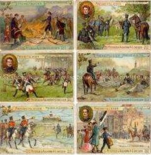 Sammelbilder der Serie der Serie XXIV "Freiheitslieder", mit Werbung für Kakao und Schokolade der Firma Petzold und Aulhorn; um 1900
