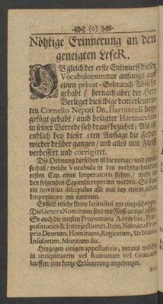 Nöthige Erinnerung an den geneigten LeserR