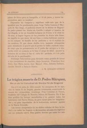 La trágica muerte de D. Pedro Márquez, dean de la Catedral de Santa Fé de Bogotá