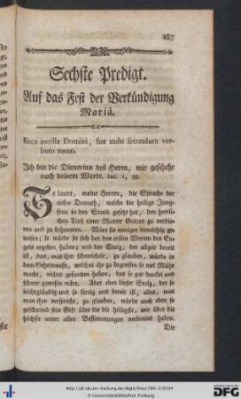 Sechste Predigt. Auf das Fest der Verkündigung Mariä.