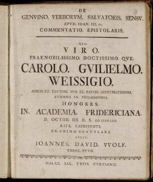 De Genvino. Verborvm. Salvatoris. Sensv. Apvd. Ioan. III, 10. Commentatio. Epistolaris