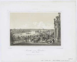 Dresden: Aussicht vom Belvedere, Lithografie, um 1850 : Müller, Eduard : Dresden : Aussicht vom Belvedere gegen Morgen / Naturzeichnung v. E. Müller. Lith. v. J. Riedel. - Dresden : E. Müller ; Dresden : J. Braunsdorf , [um 1850]. - 1 Kunstbl. : getönte Lithogr. ; 17 x 11 cm