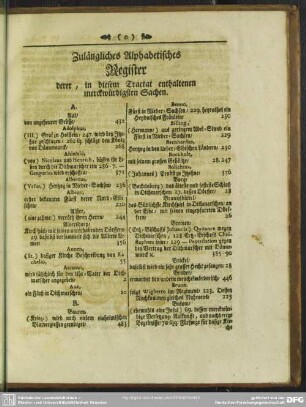 Zulängliches Alphabetisches Register derer, in diesem Tractat enthaltenen merckwürdigsten Sachen