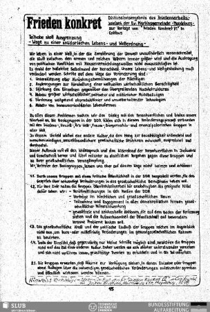 Frieden konkret : Diskussionsergebnis des Friedensarbeitskreises der Ev. martinsgemeinde Magdeburg zur Vorlage von "Frieden konkret VI" in Cottbus