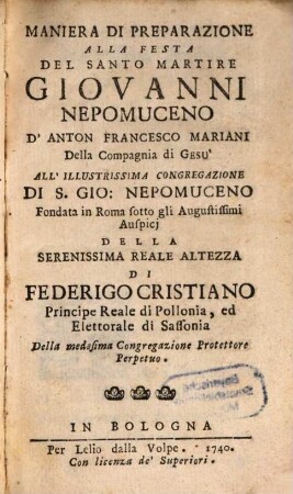Maniera di preparazione alla festa del santo martire Giovanni Nepomuceno