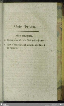 Fünfte Predigt. Gott im Kriege. [Dank-Predigt wegen des Sieges bei Zorndorf]