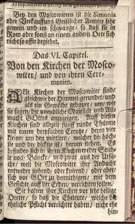 Das VI. Capitel. Von den Kirchen der Moscowiter / und von ihren Ceremonien. - Das X. Capitel. Von dem Abendmahl der Moscowiter.